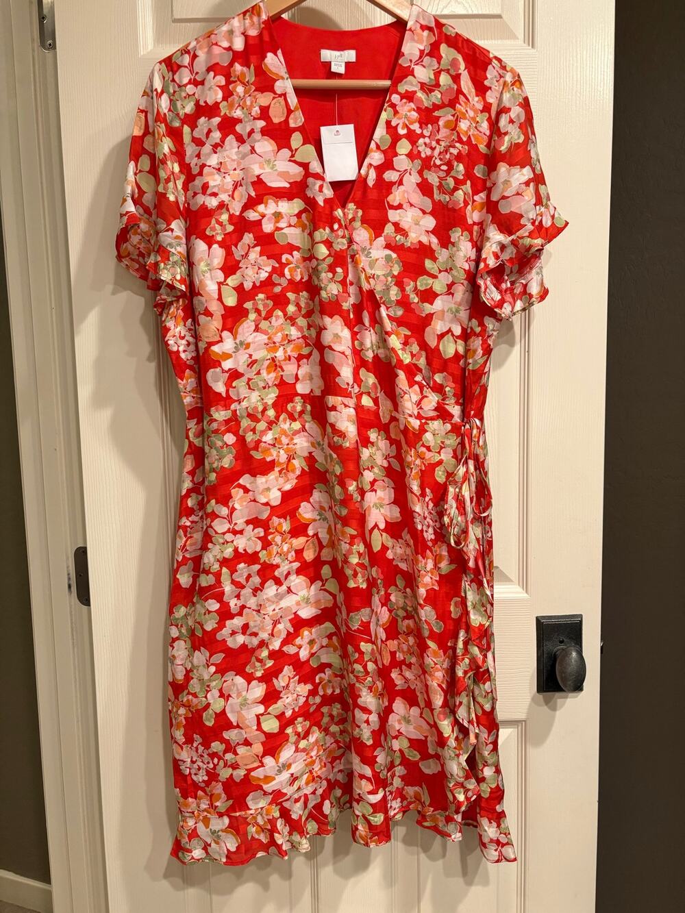 J. JILL NWT Scarlet Orange Red Floral Mini Faux Wrap Dress Size Large Summer